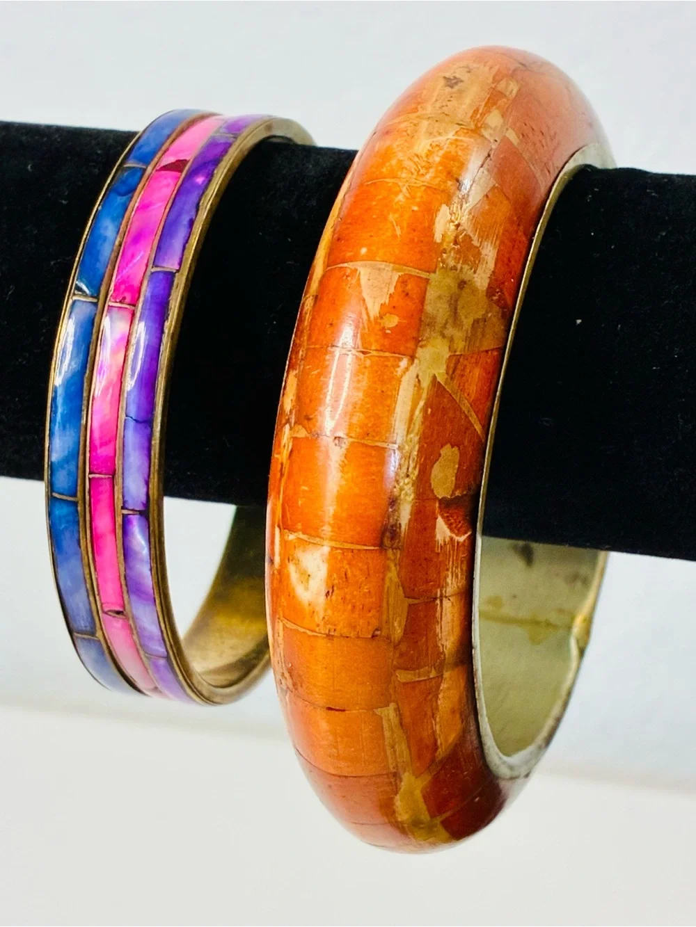 Bold Orange Mosaic Inlay Bangle Bracelet Dyed Mother Of Pearl Blue Pink & Purple